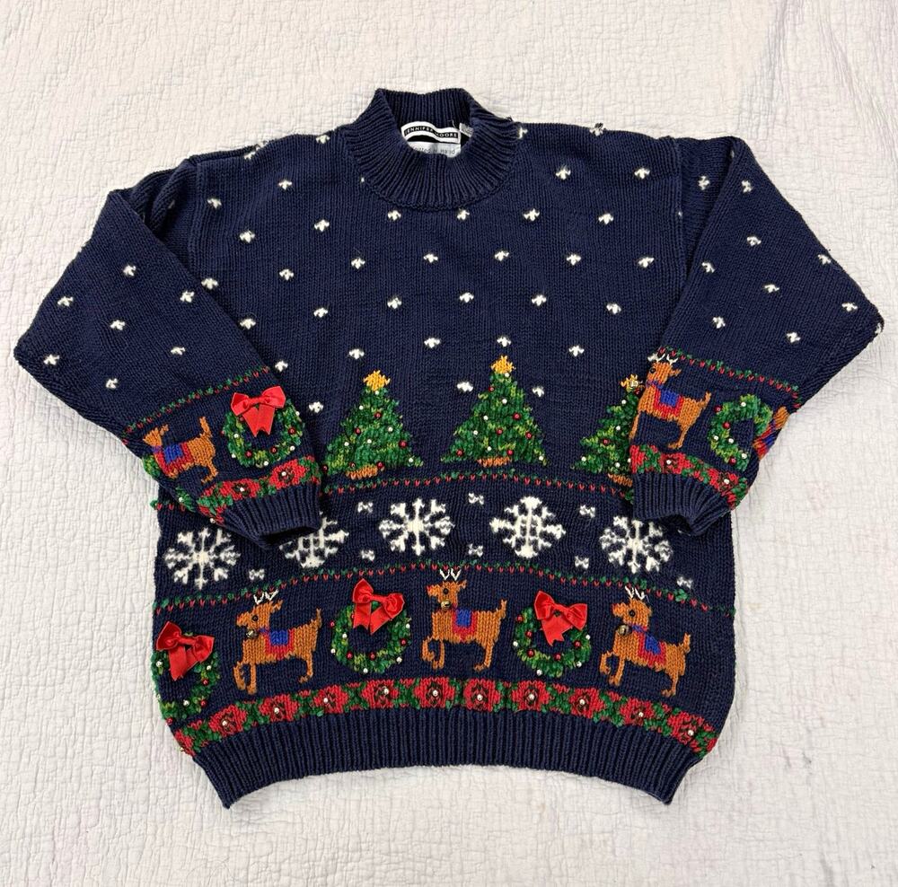 Vintage Hand Knit Christmas Sweater Pullover size Large